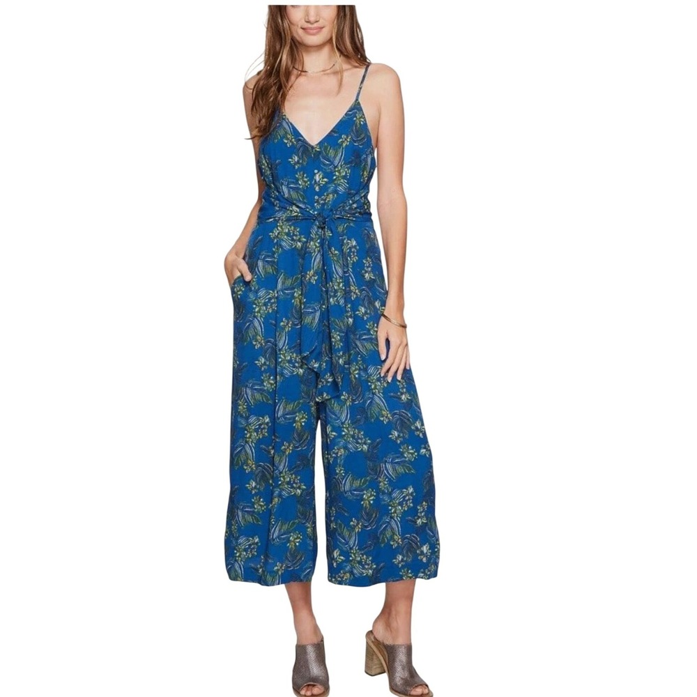 Free People Blue Tropical Print Wide Leg Jumpsuit Tie Waist Size 10 Resortwear